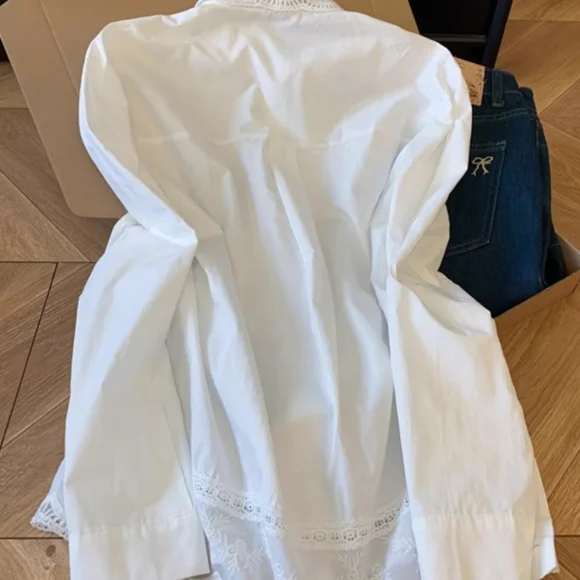 White Lace Hem Bow Collar Shirt - Picture 2 of 5